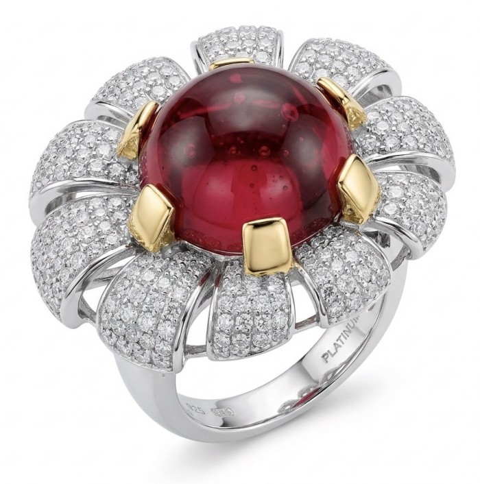 Red Flower Natural 14.2 carat Ruby .925 Sterling Silver dipped rhodium handmade Statement Ring size 7 1/4