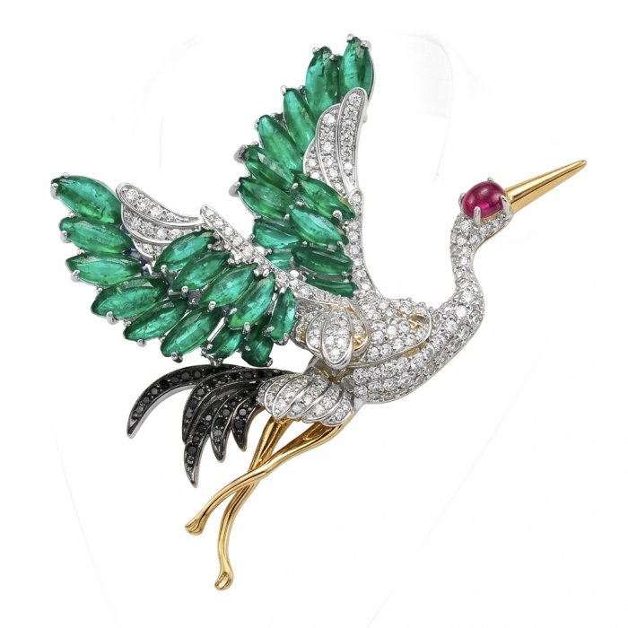 Colorful Precious Heron 24.6 Emerald Ruby Moissanite 2 tones .925 Sterling Silver Pendant Brooch - video