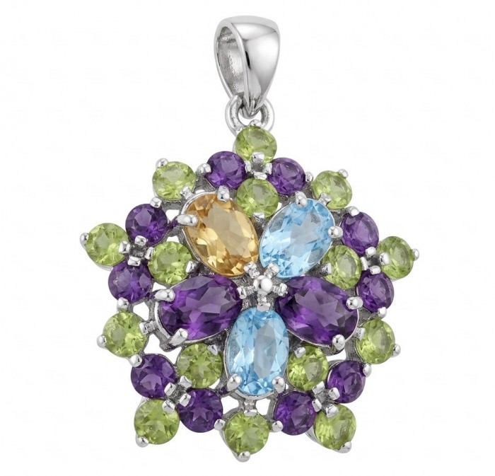 Beauty of Nature floral design 14.5 CARAT Multigem .925 Sterling Silver handcrafted pendant