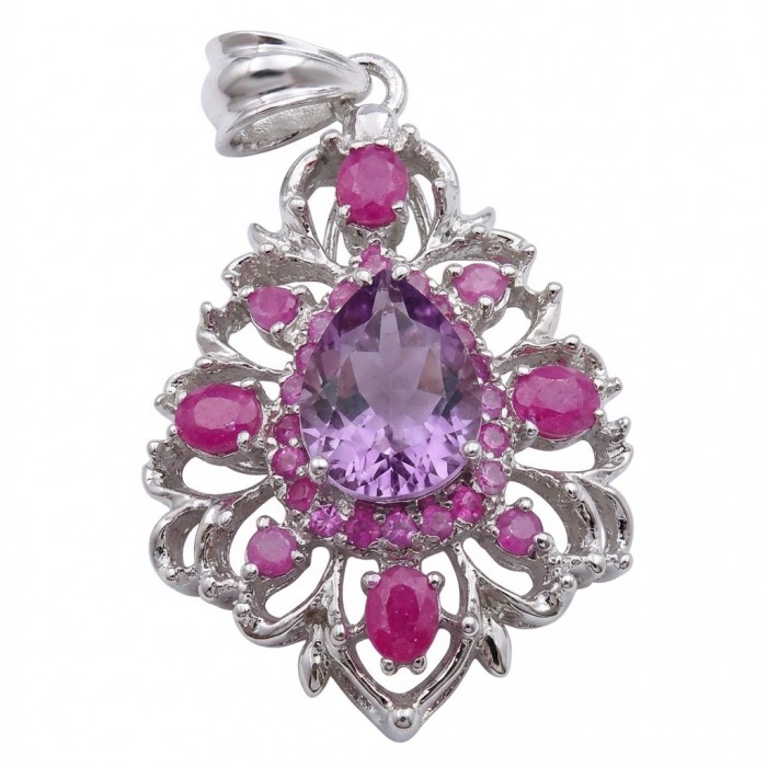 Francesca Genuine 18.5 carat Amethyst Kashmir Ruby rhodium over .925 Sterling Silver handmade Pendant