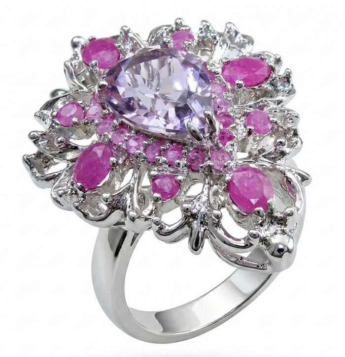 Francesca Genuine 18.7 carat Amethyst Kashmir Ruby rhodium over .925 Sterling Silver handcrafted Statement Ring size 7