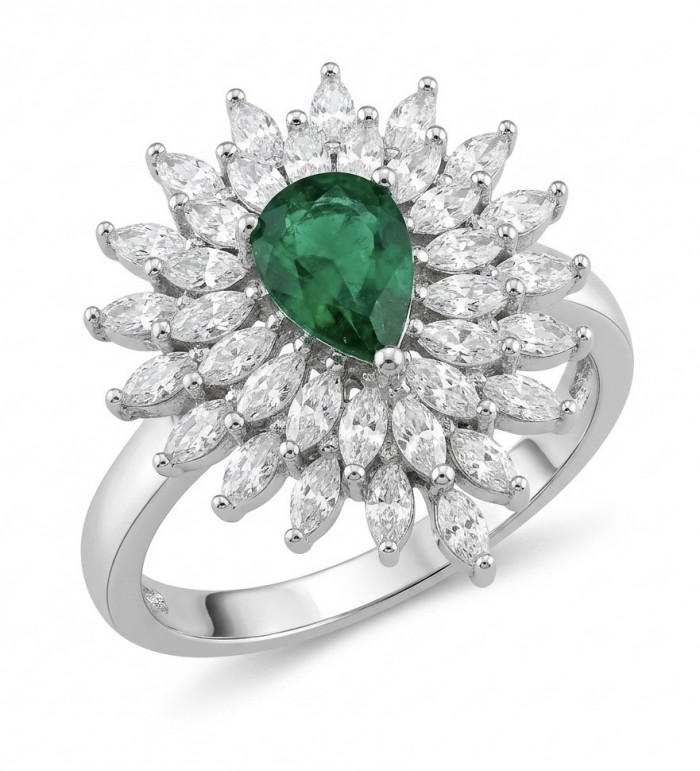 Luxurious 4.2 carat Colombian Emerald .925 Sterling Silver dipped in Rhodium handcrafted Ring size 8 1/4