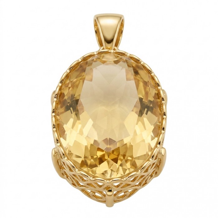 Perfection Oval cut 30.3 carat Lemon Quartz 18K Gold over .925 Sterling Silver handcrafted LARGE pendant