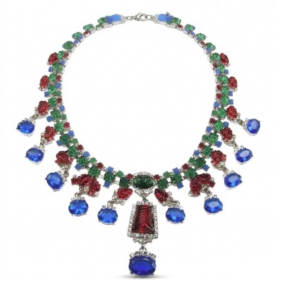RARE BEAUTY! Valentina 148.2 carat CARVED Ruby Emerald Sapphire .925 Sterling Silver dipped in rhodium Statement Necklace