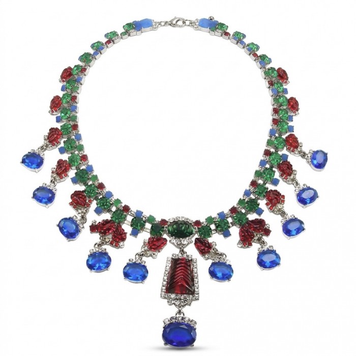 RARE BEAUTY! Valentina 148.2 carat CARVED Ruby Emerald Sapphire .925 Sterling Silver dipped in rhodium Statement Necklace