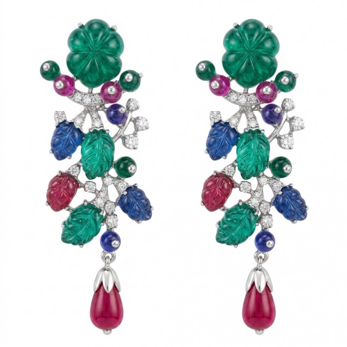 RARE BEAUTY! Valentina 28.2 carat CARVED Ruby Emerald Sapphire .925 Sterling Silver dipped in rhodium Statement handcrafted earrings