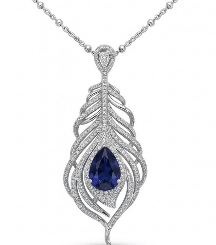 Precious Magic Feather 10.2 carat Sapphire .925 Sterling Silver .925 Sterling Silver Statement Necklace