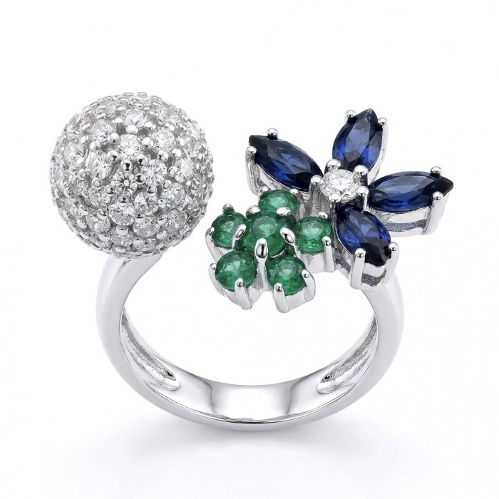 Floral design 7.8 carat natural Colombian Emerald 2.3 carat Moissanite .925 Sterling Silver handmade Statement Ring size 6 3/4