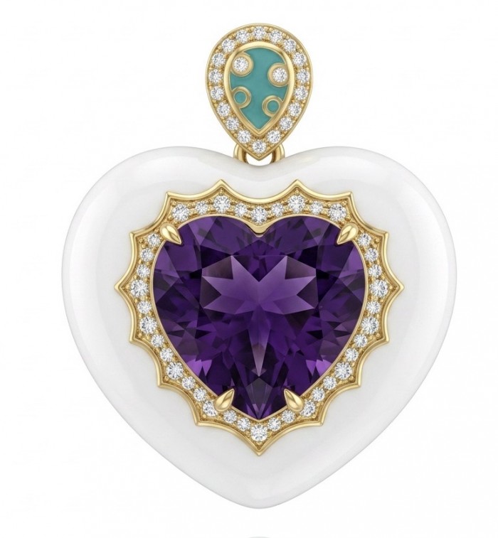 Lavender Love 14.5 carat natural Amethyst Enamel 22K Gold over .925 Sterling Silver Handcrafted Pendant