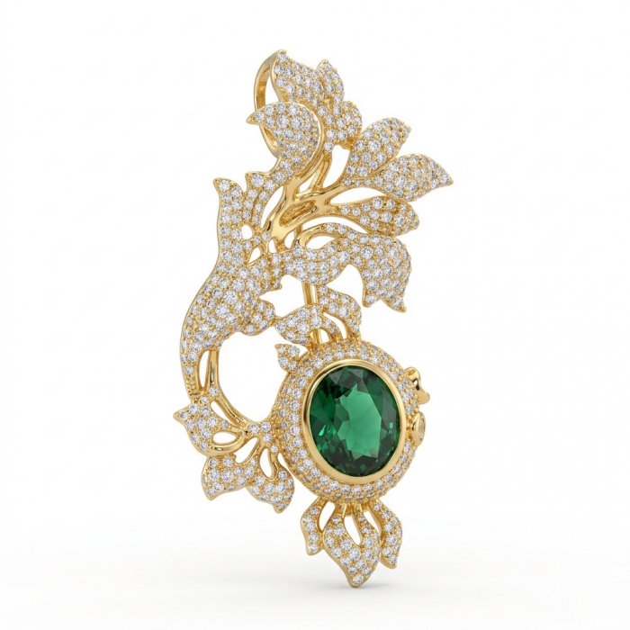 Ultimate Treasure - floral design- 7.2 CARAT Emerald .925 Sterling Silver dipped in 22K Gold handcrafted Pendant Brooch - video
