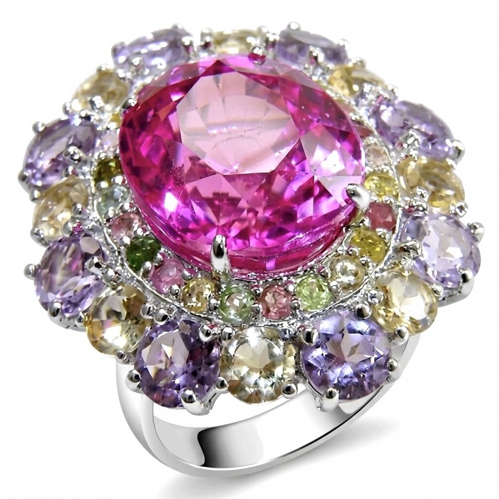 Anastasia 25.2 carat Pink Sapphire .925 Sterling Silver dipped in Rhodium Handcrafted Statement Ring size 7