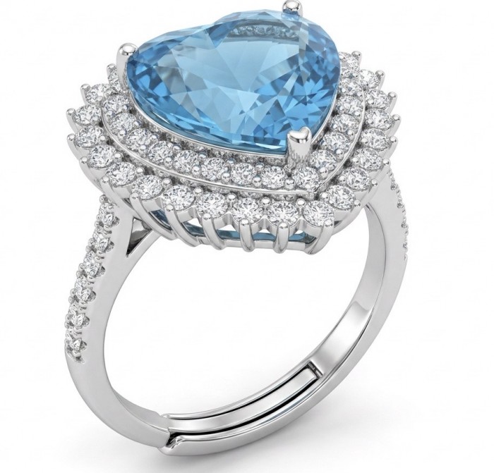 Angels's Heart 6.5 carat genuine Swiss Blue Topaz .925 Sterling Silver handmade Statement Ring size 6 adjustable