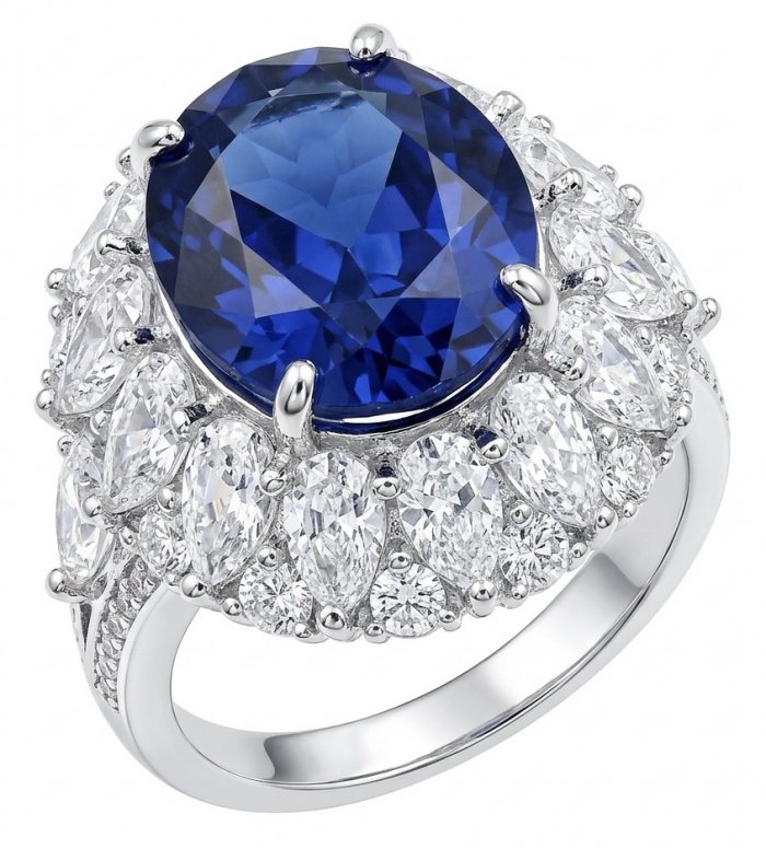 Precious Design oval cut 20.9 CARAT Tanzanite 18.4 carat Moissanite .925 Sterling Silver Statement Ring s. 9 - video