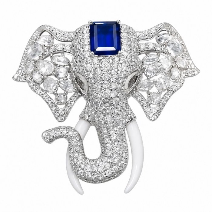 Attract YOUR Luck - ELEPHANT- 5.2 CARAT Sapphire .925 Sterling Silver dipped in rhodium handcrafted Pendant Brooch - video