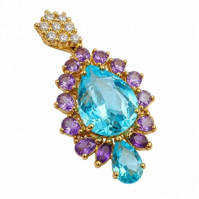 Oceania pear cut 15.8 carat Swiss Blue Topaz .925 Sterling Silver dipped in 22K Gold Handcrafted Pendant