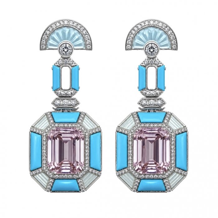 Emily - Art Deco - Precious genuine 12.2 carat Kunzite inlay Turquoise .925 Sterling Silver handcrafted earrings - video
