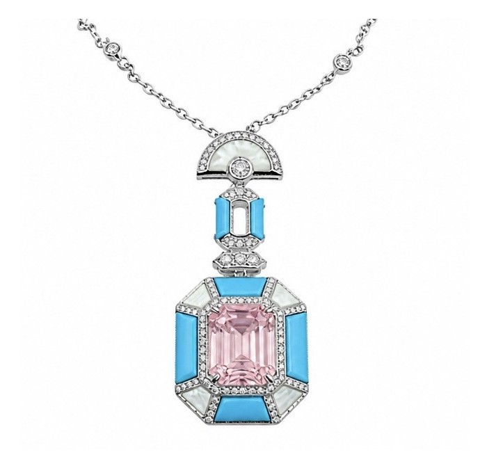 Emily - Art Deco - Precious genuine 8.4 carat Kunzite inlay Turquoise .925 Sterling Silver handcrafted necklace