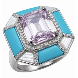 Emily - Art Deco -Precious genuine 10.2 carat Kunzite inlay Turquoise .925 Sterling Silver handcrafte Cocktail Ring s. 7 1/4