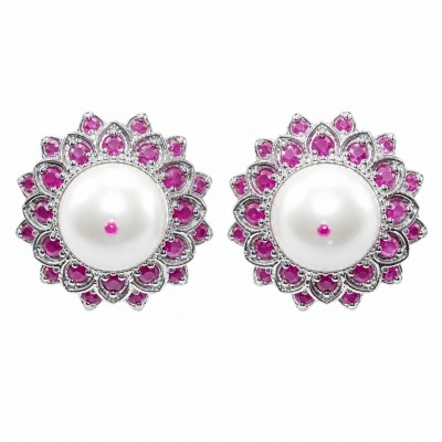 Classy Design - Genuine Pearl Ruby rhodium over .925 Sterling Silver handcrafted Statement Large Earrings
