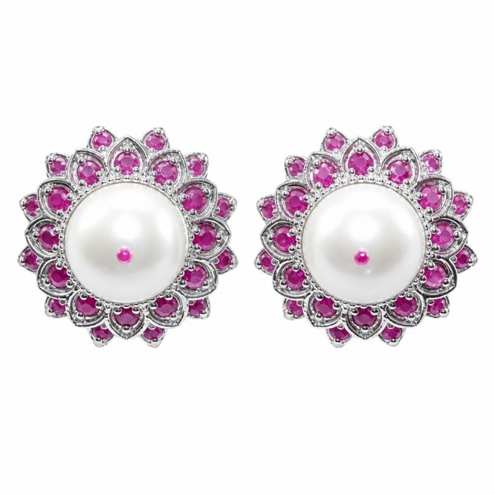 Classy Design - Genuine Pearl Ruby rhodium over .925 Sterling Silver handcrafted Statement Large Earrings