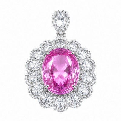 Beatriz Incredible oval cut 20.4 carat Pink Sapphire .925 Sterling Silver handcrafted pendant