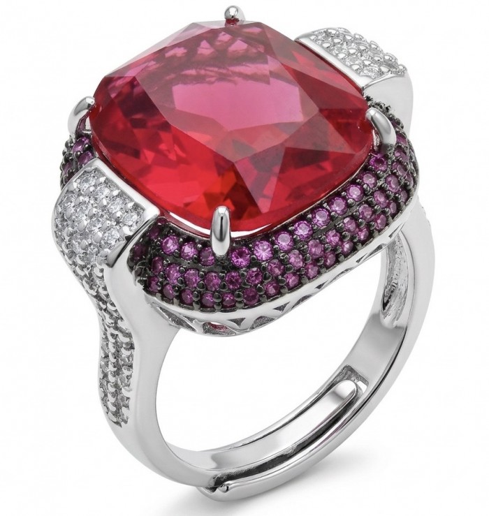 Art Deco 18.6 ctw Red Topaz 3.2 carat pave Ruby .925 Sterling Silver handcrafted Statement Ring size 8 adjustable