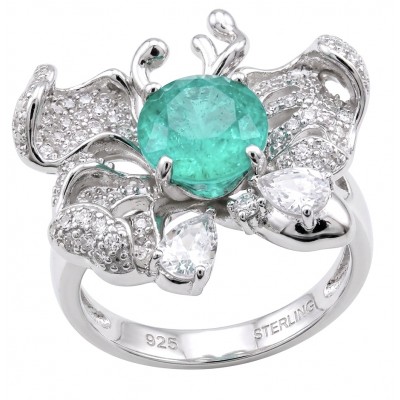 Precious wild Flower 3.2 CARAT Emerald .925 Sterling Silver Statement Ring s. 6 3/4