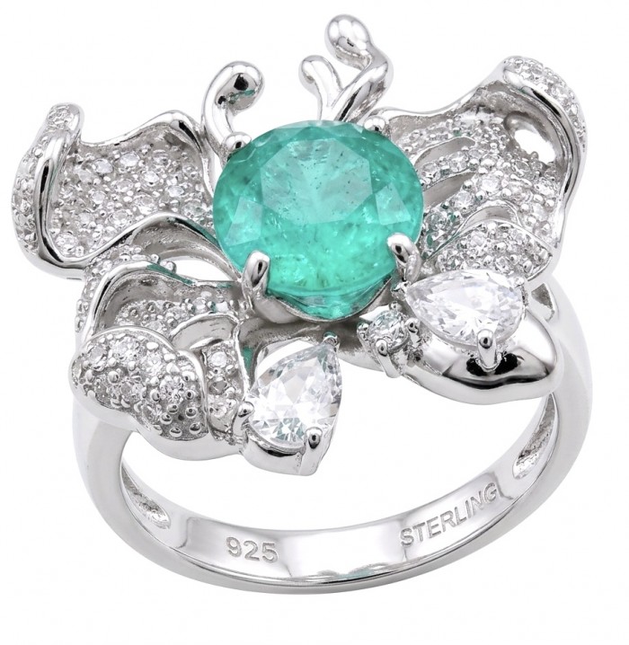 Precious wild Flower 3.2 CARAT Emerald .925 Sterling Silver Statement Ring s. 6 3/4