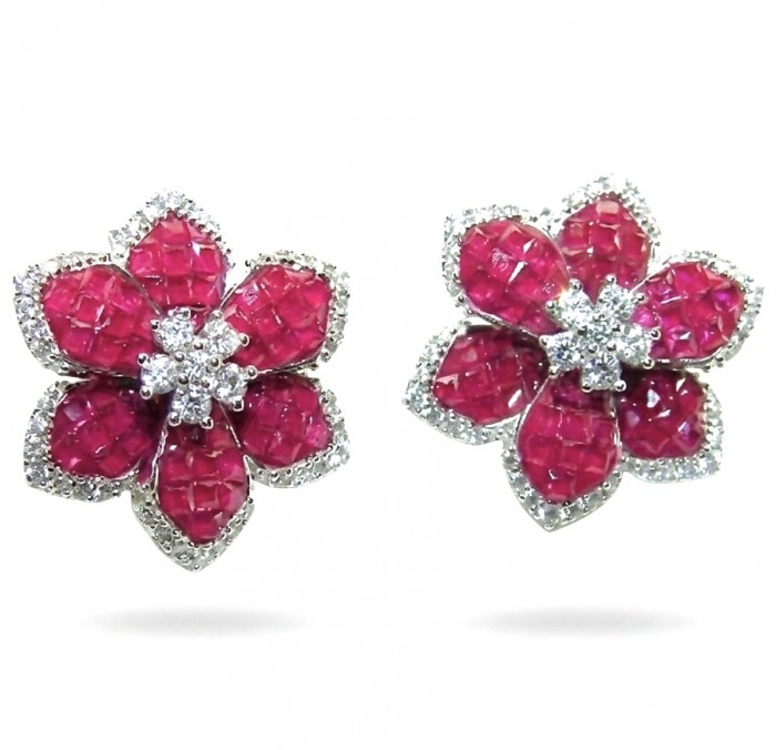 Born to Glam - floral design- authentic 10.2 carat Ruby .925 Sterling Silver handcrafted earrings