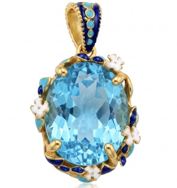 Atlantica - amazing quality heart cut 22.5 CARAT genuine Swiss Blue Topaz enamel 22K Gold over .925 Sterling Silver handmade pendant
