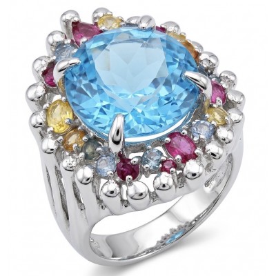 Ocean Blue Natural 22.8 carat Swiss Blue Topaz .925 Sterling Silver dipped in rhodium handmade Large Statement Ring size 8