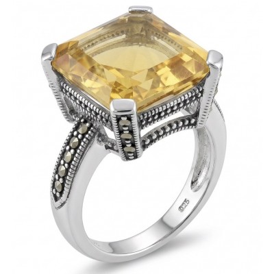 Golden Treasure 12.5 carat Brazilian Citrine Marcasite .925 Sterling Silver Handcrafted Ring size 7