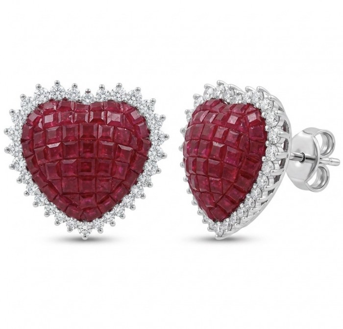 Precious Angel's Hearts mystery setting 11.8 carat Ruby .925 Sterling Silver earrings