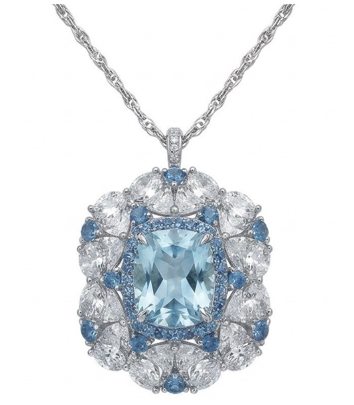Mademoiselle - 21.5 carat natural Swiss Blue Topaz .925 Sterling Silver dipped in Rhodium handcrafted Necklace