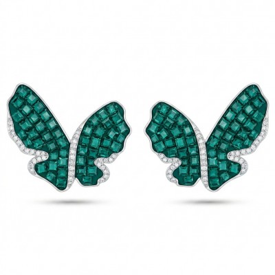 Incredible Butterflies genuine mystery setting 15.5 CARAT Emerald .925 Sterling Silver handcrafted Earrings
