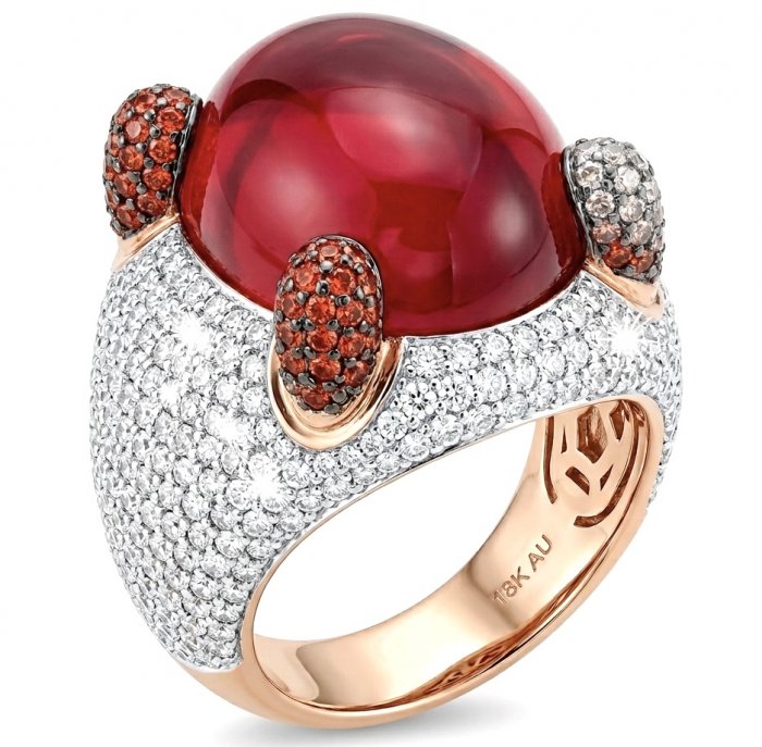 Abstract Beauty 24.6 ctw Red Topaz 6.2 carat pave Ruby .925 Sterling Silver dipped in 22K Rose Gold handcrafted Statement Ring size 7 - video