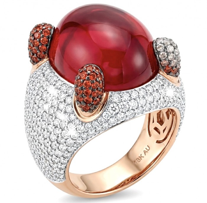 Abstract Beauty 24.6 ctw Red Topaz 6.2 carat pave Ruby .925 Sterling Silver dipped in 22K Rose Gold handcrafted Statement Ring size 7