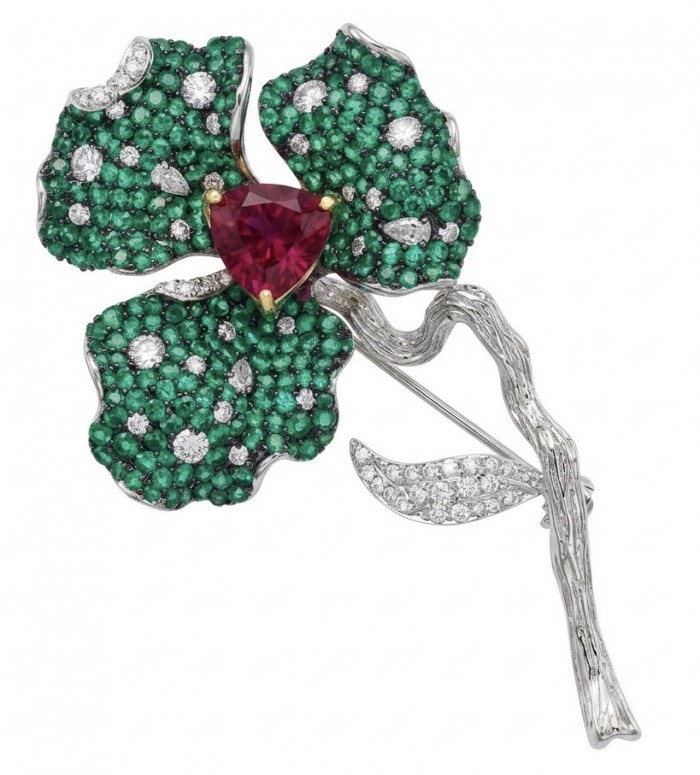Black Label Collection - Retro Style - Rose Genuine 6.5 carat Ruby 5.2 pave Emerald .925 Sterling Silver dipped in rhodium handmade Pendant - Brooch