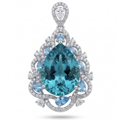 Atlantica - amazing quality pearl cut 14.5 CARAT genuine Swiss Blue Topaz rhodium over .925 Sterling Silver handmade pendant