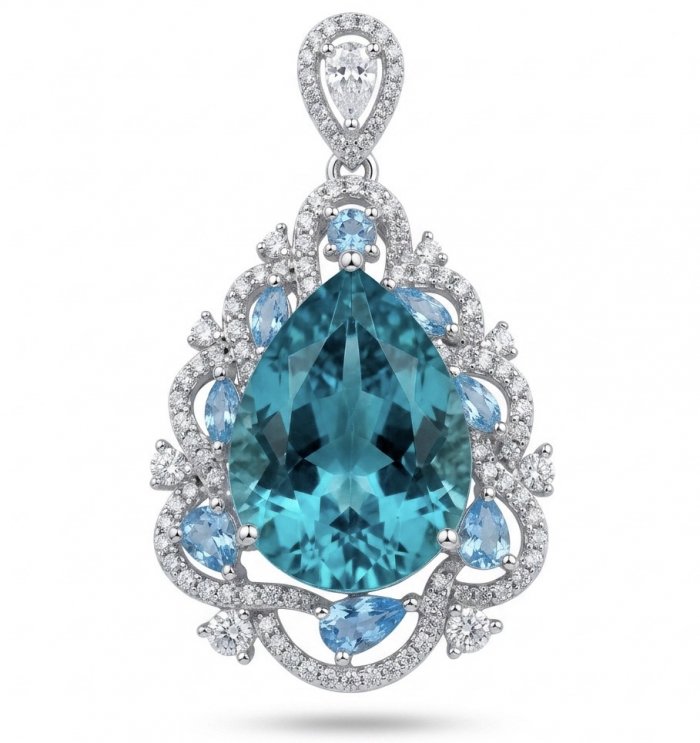Atlantica - amazing quality pearl cut 14.5 CARAT genuine Swiss Blue Topaz rhodium over .925 Sterling Silver handmade pendant - video