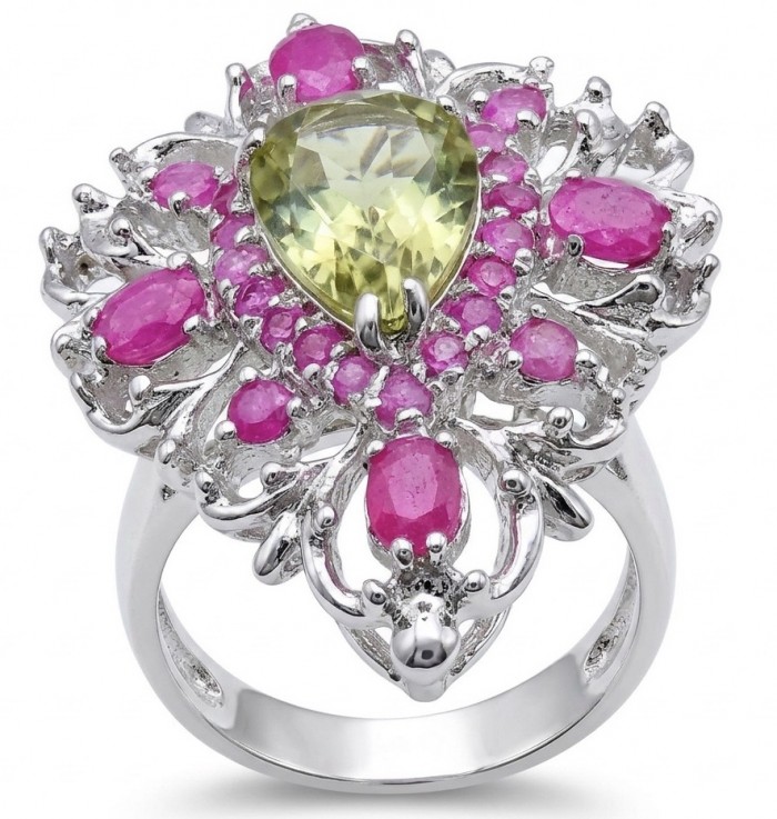 Giovanna - Authentic 17.9 carat Green Amethyst Ruby .925 Sterling Silver dipped in rhodium handcrafted Statement Ring size 7