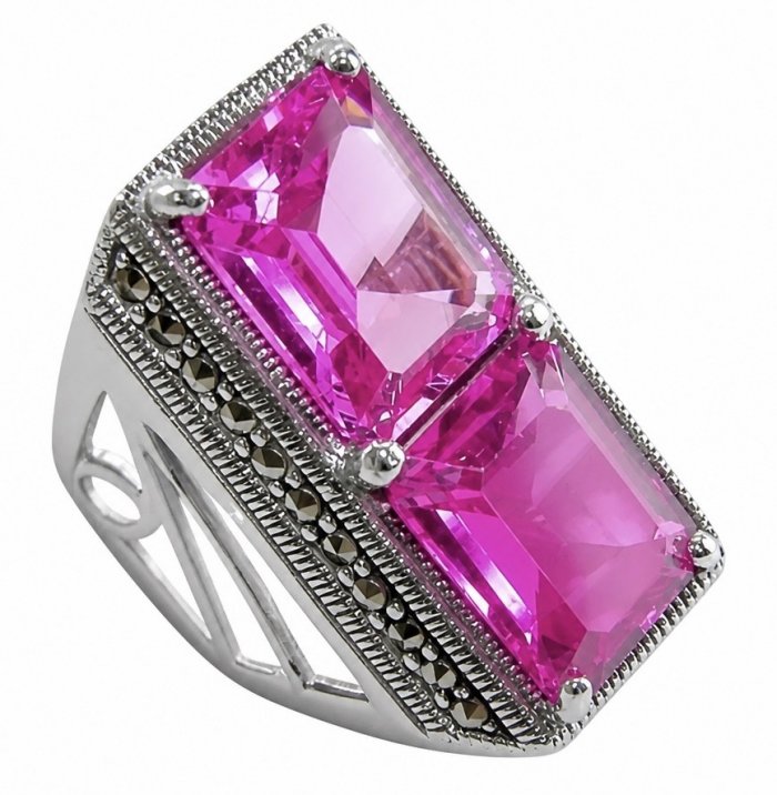 Anastasia 18.2 carat Pink Sapphire .925 Sterling Silver dipped in Rhodium Handcrafted Statement Ring size 8 - video