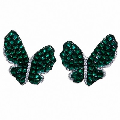 Incredible Butterflies genuine mystery setting 15.5 CARAT Emerald .925 Sterling Silver handcrafted Earrings