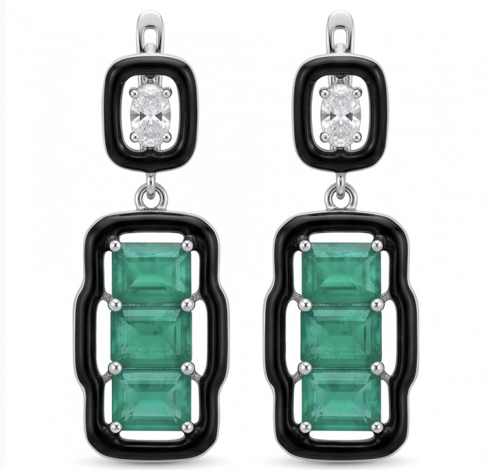Art Deco 8.2 carat Colombian Emerald .925 Sterling Silver handcrafted Statement earrings