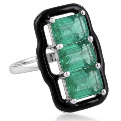 Art Deco 8.2 carat Colombian Emerald black enamel .925 Sterling Silver handcrafted Ring size 7