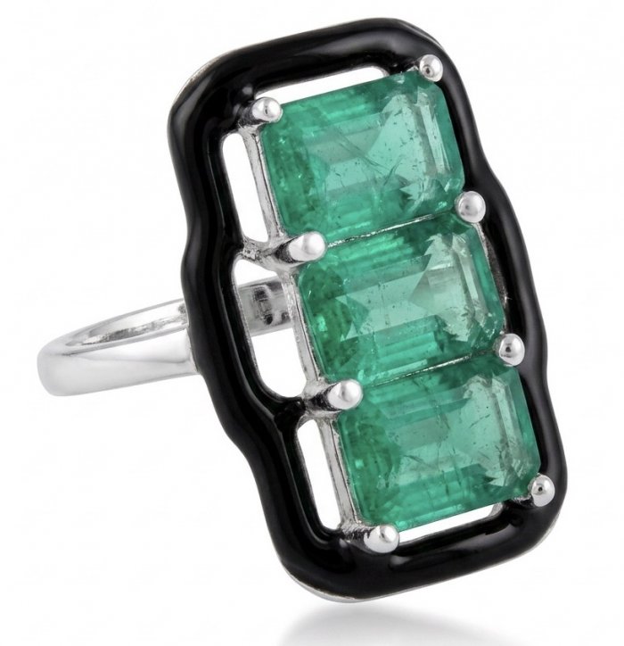 Art Deco 8.2 carat Colombian Emerald black enamel .925 Sterling Silver handcrafted Ring size 7 - video