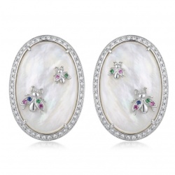 Genuine Blister Pearl lab grown Diamond rhodium over .925 Sterling Silver handcrafted Large Statement Earrings