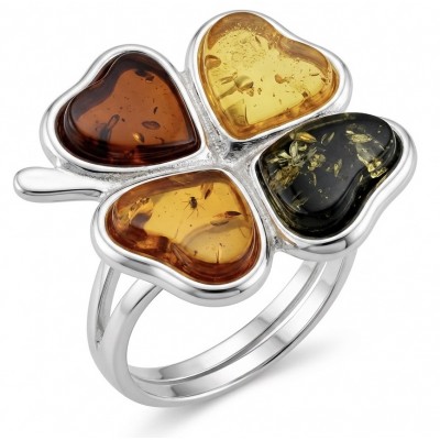 Golden Flower Authentic Baltic Amber rhodium over .925 Sterling Silver handcrafted ring; s. 7 adjustable