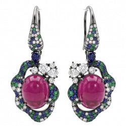 Exquisite 10.4 ctw Ruby 1.2 carat pave Emerald .925 Sterling Silver dipped in black rhodium handcrafted Statement earrings