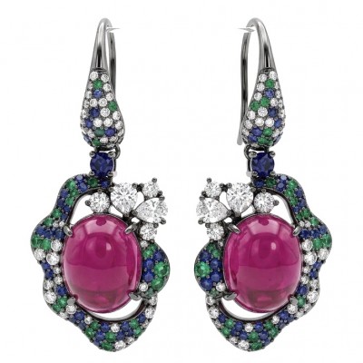 Exquisite 10.4 ctw Ruby 1.2 carat pave Emerald .925 Sterling Silver dipped in black rhodium handcrafted Statement earrings
